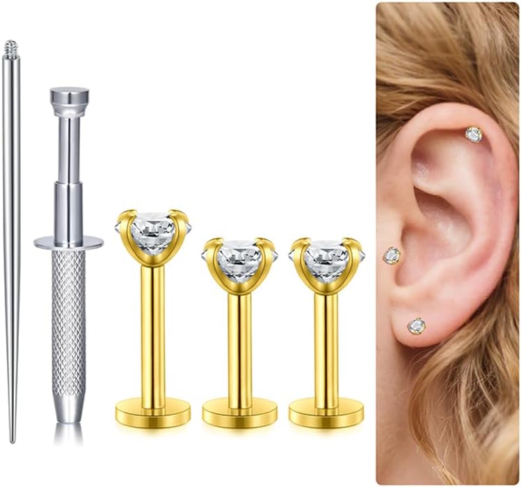 QWALIT Titanium Flat Back Helix Cartilage Earring Horseshoe Nose Ring Piercing Taper Threadless Jewelry Changing Tool Internal Threaded Piercing Taper Insertion Threader Tool Labret Jewelry Lip Studs - Image 1